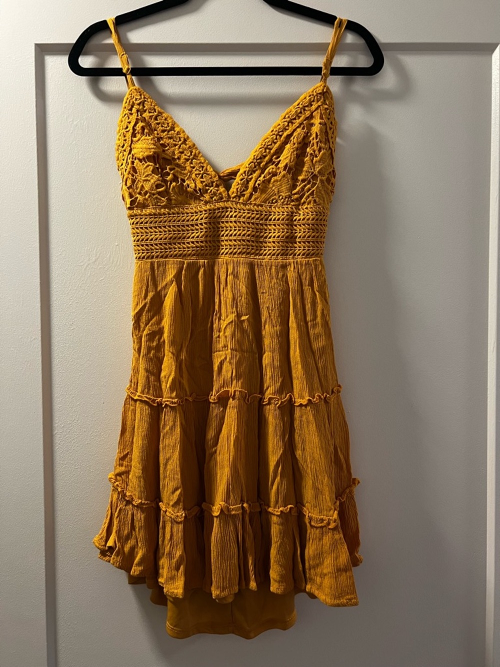 Mustard Crochet Bodice Tiered Mini Dress